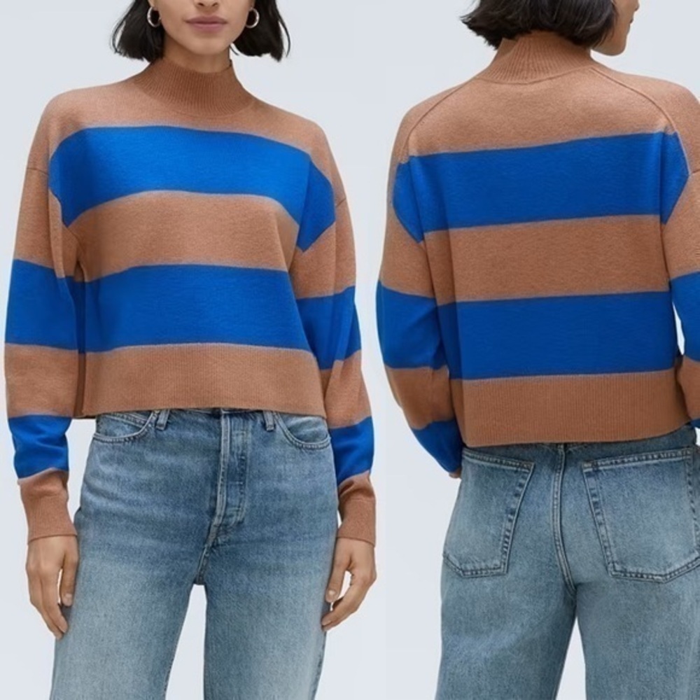 Everlane NWOT Luxe Merino Yak Striped Brown Blue Crewneck Long Sleeve Sweater XS